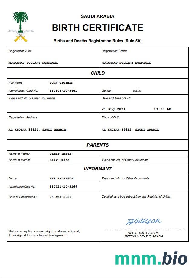 Saudi Arabia narodziny certyfikat Word i PDF szablon